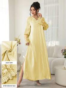 Vestido Maxi Najma con Cuello en V, Bordado Floral, Manga Larga, Patchwork y Bajo con Volantes, Estilo Tradicional Turco y Árabe - Amarillo - Ver 7
