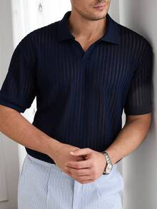 Core Aspect 男士条纹短袖休闲通勤 Polo 衫 - 藏蓝色 - 查看 3