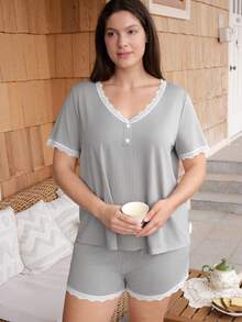 Doze Lane Plus Size Casual Ribbed Faux Placket Lace Button Decor Short Sleeve Shorts Pajama Set - Grey - View 5