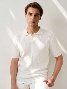 Manfinity Homme Men's Off-White Summer Casual Brunch Buttoned Polo,Short Sleeve Knitted Shirt,Solid Textured Mesh Fabric Knit Top For Business Daily Commute Vacation - White - View 5