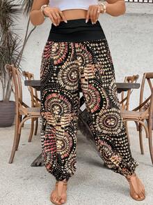 SHEIN PETITE CURVE Pantalones holgados de cintura alta con estampado floral para mujer de talla grande - Multicolor - Ver 8
