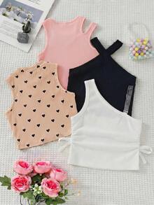 Conjunto de 4 piezas de chaleco de punto de unicolor con patrón de corazón para niña - Multicolor - Ver 2