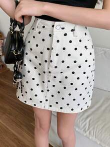 DAZY Chân váy ngắn denim chấm bi trắng, kiểu dáng thường ngày, thích hợp cho mùa xuân/hè. - trắng - Xem 4