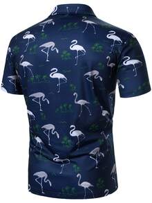 Manfinity Homme Kemeja Polo Pria Kasual untuk Liburan dengan Motif Pohon Kelapa & Flamingo - Navy Blue - View 2
