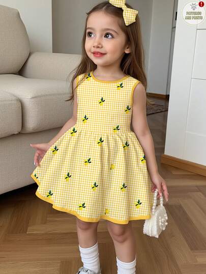 Young Girl Round Neck Plaid Lemon Print Ruffle Casual Vacation Dress