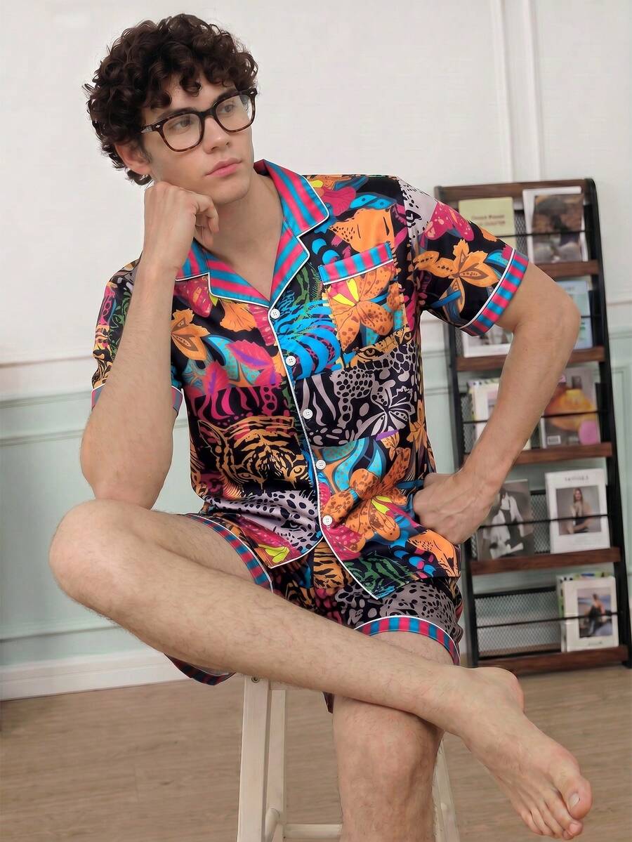 Chillnights Conjunto de pijama de satén con estampado floral y animal para hombres jóvenes - Multicolor - Ver 1