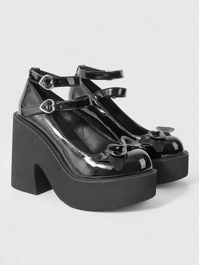 ROMWE Kawaii Zapatos de mujer de moda con suela gruesa y cuña - Zapatos individuales de estilo casual y punk para primavera y otoño con cabeza redonda oscura, gran lazo delantero, banda elástica y hebilla con diseño de corazón - Zapatos individuales sexys para discoteca, viajes y fiestas