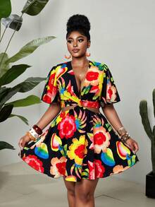 Maweii Plus Size Floral Print Tie-Waist Backless Dress, Casual Holiday Beach Vacation Black Summer - Multicolor - View 3