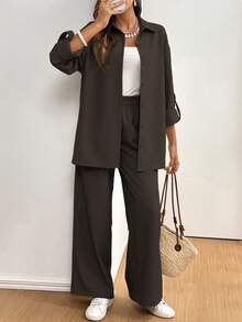SHEIN Frenchy 女士纯色单排扣长袖上衣和裤子休闲两件套 - 棕色 - 查看 4