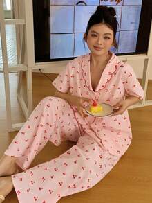 Dazy Plus 大码女式蝴蝶结樱桃印花撞色刺绣领睡衣套装，粉色，春夏款 - 粉色 - 查看 7