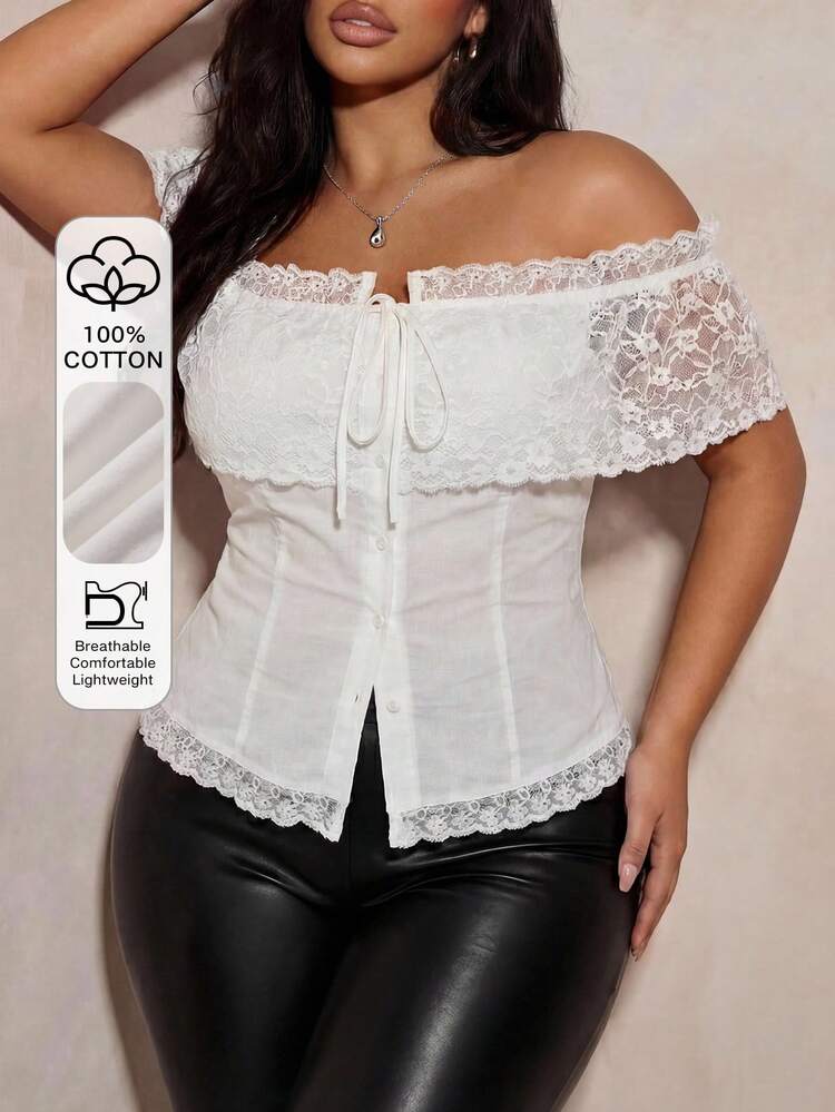 Dazy Plus Spring & Summer Fitted Cardigan, Hollow Lace Trim Splice Casual Off-Shoulder Short Sleeve Blouse For Women, Plus Size White Cropped Top