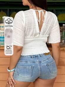 Dazy Plus Plus Size Women Brown Textured Fitted Flare Sleeve Deep V Neck Elegant Summer Blouse Going Out Gym Tops - White - View 1