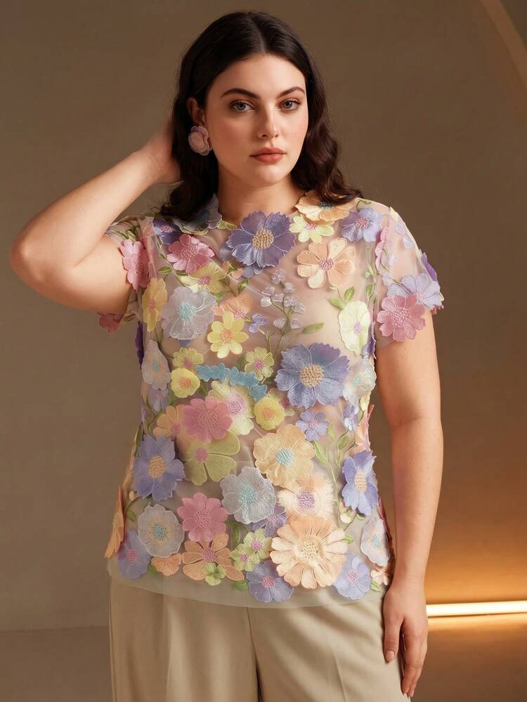 Plus Size Women Romantic Embroidered Floral Applique Blouse