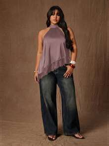 Rustia Plus Size Fashionable Elegant Satin Lace Patchwork Asymmetrical Blouse Date Night Brunch Formal Evening Dark Purple Summer - Redwood - View 5