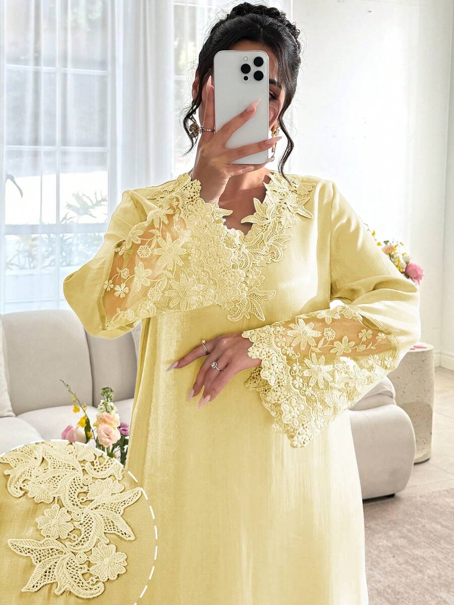 SHEIN Najma V领花卉刺绣长袖拼接荷叶边下摆长款连衣裙，土耳其和阿拉伯传统风格