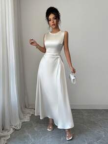 Selianne Women's Spring/Summer Elegant All White Satin Round Neck Faux Pearl Decor Side Ruched Maxi Dress, Suitable For Commuting And Party Occasions - Champagne - View 3