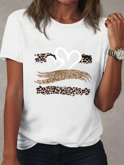 Selamara Leopard Print Heart Sequins White Casual Women's T Shirt