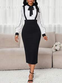 SHEIN Lady Slit Back Pencil Dress With Strap - Black - View 7