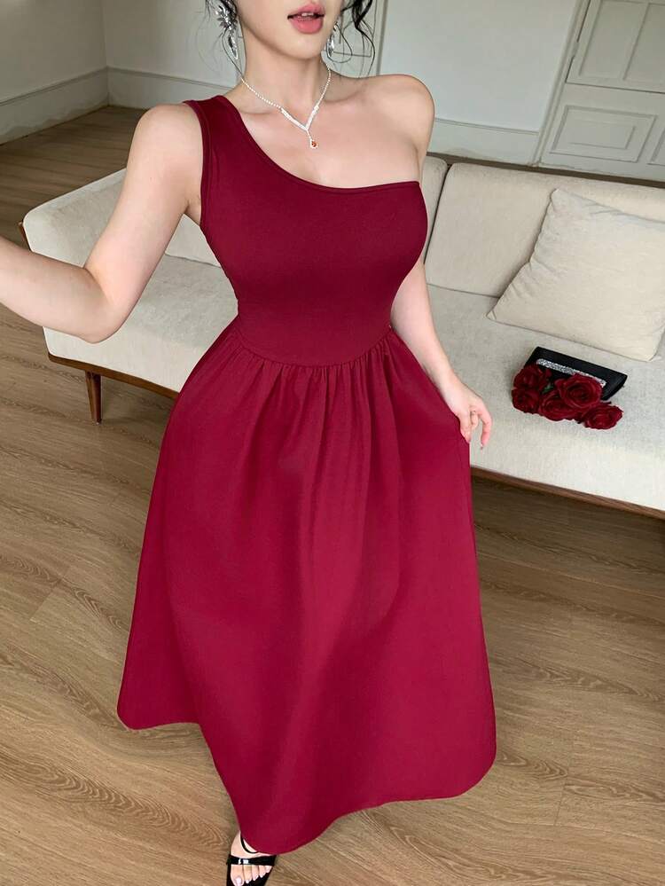 Women's Elegant Solid Color Maxi One-Shoulder Dress, Spring & Summer