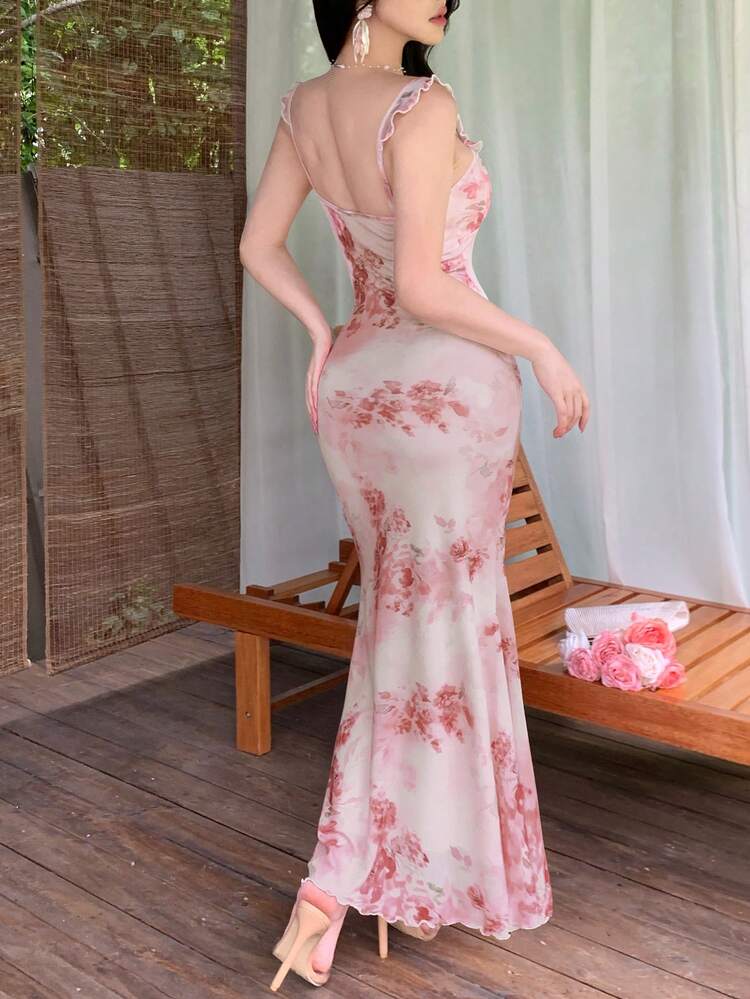 Spring & Summer Floral Print Spaghetti Strap Dress, New Arrival Ruffle Hem Elegant Waist Cinched Dress