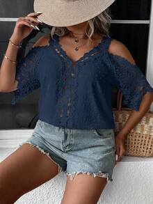 SHEIN Clasi Plus Size Women Solid Color Off-Shoulder Casual Versatile Daily Wear Blouse - Teal Blue - View 4