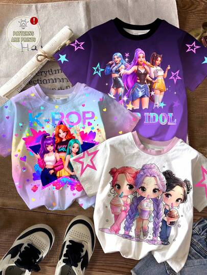 Bộ 3 áo thun in hình hoạt hình nữ sinh tuổi teen, màu sắc chuyển gradient, hình các ngôi sao K-Pop, cổ tròn, tay ngắn, kiểu dáng thường ngày, phù hợp cho mùa xuân/hè.