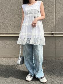 FRIFUL 女士夏季纯色薄纱蕾丝荷叶边吊带背心 - 白色 - 查看 6