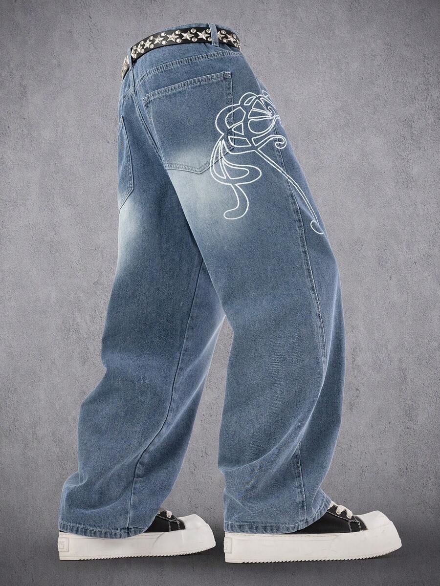 Manfinity Roghcode Quần jean denim nam in họa tiết, kiểu dáng thường ngày, đã qua xử lý. - Màu xanh lam - Xem 1