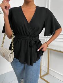 EMERY ROSE Solid Wrap Belted V-Neck Blouse Peplum Top - Black - View 4