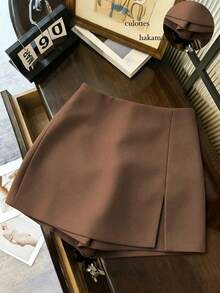 EMERY ROSE Plus Size Women Fashion Casual Versatile Textured Soft Fabric High Waist Slit Shorts/Skirt/Capri/Hotpants, Spring & Autumn - Brown - View 1