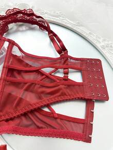 SHEIN 2pcs Sexy Sheer Embroidered Lingerie Set - Burgundy - View 3