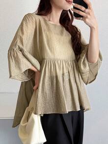 FRIFUL Women's Gray Shirt With Cute Ruffle Trim, Summer Top - Green - View 4