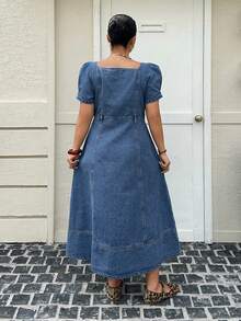 Dazy Plus Plus Size Dark Wash Blue Square Neck Petal Sleeve Fitted Maxi Denim Dress, Spring/Summer Sun Dresses For Women - Light Wash - View 2