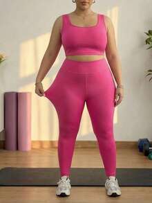 SHEIN CURVE+ Bộ đồ nữ cỡ lớn mùa hè thường ngày, Bộ đồ thường ngày nữ, Bộ áo vest và quần legging nữ, Bộ đồ thể thao nữ 2 món, Quần vải co giãn cao, thấm hút mồ hôi, nhanh khô, 2 món - Màu Hồng Tươi - Xem 7