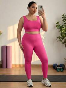 SHEIN CURVE+ Bộ đồ nữ cỡ lớn mùa hè thường ngày, Bộ đồ thường ngày nữ, Bộ áo vest và quần legging nữ, Bộ đồ thể thao nữ 2 món, Quần vải co giãn cao, thấm hút mồ hôi, nhanh khô, 2 món - Màu Hồng Tươi - Xem 8