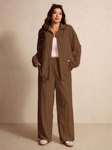 Elaquor Plus Size Casual Minimalist Basic Striped 2 Pieces Set, Loose Fit - Rust Brown - View 3