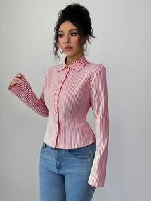 SHEIN 法式修身蓝白条纹优雅通勤长袖女式衬衫 - 酒紅色 - 查看 4