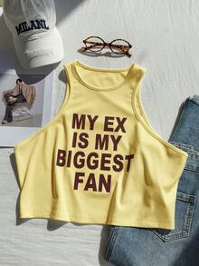 Comfortcana Plus Size Casual Slogan Print Sleeveless Tank Top, Spring/Summer - Yellow - View 6