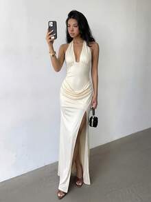 SHEIN Glamour 黄色亮面露肩高开衩修身无袖不对称长裙，高端优雅礼服，舞会礼服，嘉年华节日装扮，街头风，演唱会装扮，夜店装扮，约会装扮，女士生日装扮，派对必备单品，婚礼派对礼服，时尚花卉元素，缎面连衣裙 - 黃色 - 查看 6