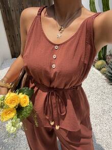Dazy Plus 2pcs/Set Spaghetti Strap Tie-Waist Top And Casual Loose Pants, Vacation Style, Plus Size - Redwood - View 6