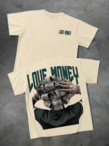 Manfinity EMRG 男士米色街頭風短袖T恤，夏季城市度假，哥德體Love Money英文文字，美鈔圖案，財富美式復古風 - 卡其色 - 查看 2
