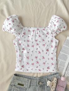 SHEIN Kaos Anak Perempuan Remaja Kasual Nyaman Pas Badan Motif Bunga Kecil - MultiWarna - View 2