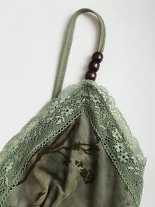 Sweetra 女款橄欖綠花卉夏季仙女風浪漫V領背心，度假風復古蕾絲不對稱荷葉邊下擺，前襟緞帶蝴蝶結裝飾 - 綠色 - 查看 5
