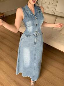 DAZY Bộ đồ nữ gồm áo khoác denim không tay và chân váy dài, kiểu dáng thường ngày, thích hợp cho mùa xuân/hè. - Màu xanh lam - Xem 7