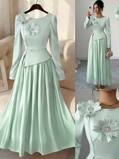 Modelyn 3D Floral Jacquard Top + Glossy Fabric Skirt 2 Pieces Set Light Green 3D Flower Applique Long Sleeve Maxi Dress Round Neck With Crystal Flower Appliqué Soft Mint Green Romantic Modest Elegant Chic Spring Women Aged 20-45 Party Dress  Elegant Dresses For Women