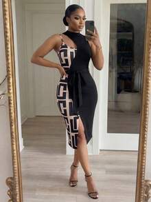 SHEIN Lady Plus Size Women Geometric Print Patchwork Color Block Open Slit Elegant Waist Fitted Party Holiday Dress Black Summer - Multicolor - View 6