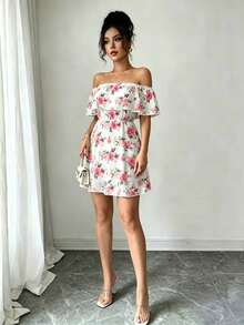 Elenzga Women's Floral Print Off-Shoulder Ruffle Hem Vacation Dress - White - View 7