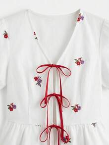 lacRébo White Floral Loose Fit Floral Embroidered Blouse With Peplum Shape, Bow Tie Details Cute Summer Top Casual Holiday Top French Style Top - White - View 8