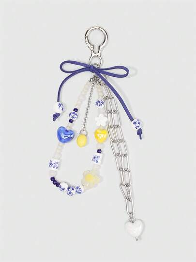ROMWE Fairycore 1Pc New Chinese Style Blue And White Porcelain Beaded Keychain, Sweet Cool Heart Charm, Bag Pendant Phone Chain, Perfect Gift For Back To School & Graduation, Valentine's Day Birthday Holiday Gift
