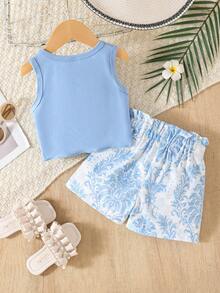 SHEIN Playful Pals 女嬰藍色夏季可愛度假節日復古植物印花無袖背心與短褲套裝 結飾提花圓領蝴蝶結短褲 2件套裝 - 淺藍色 - 查看 2